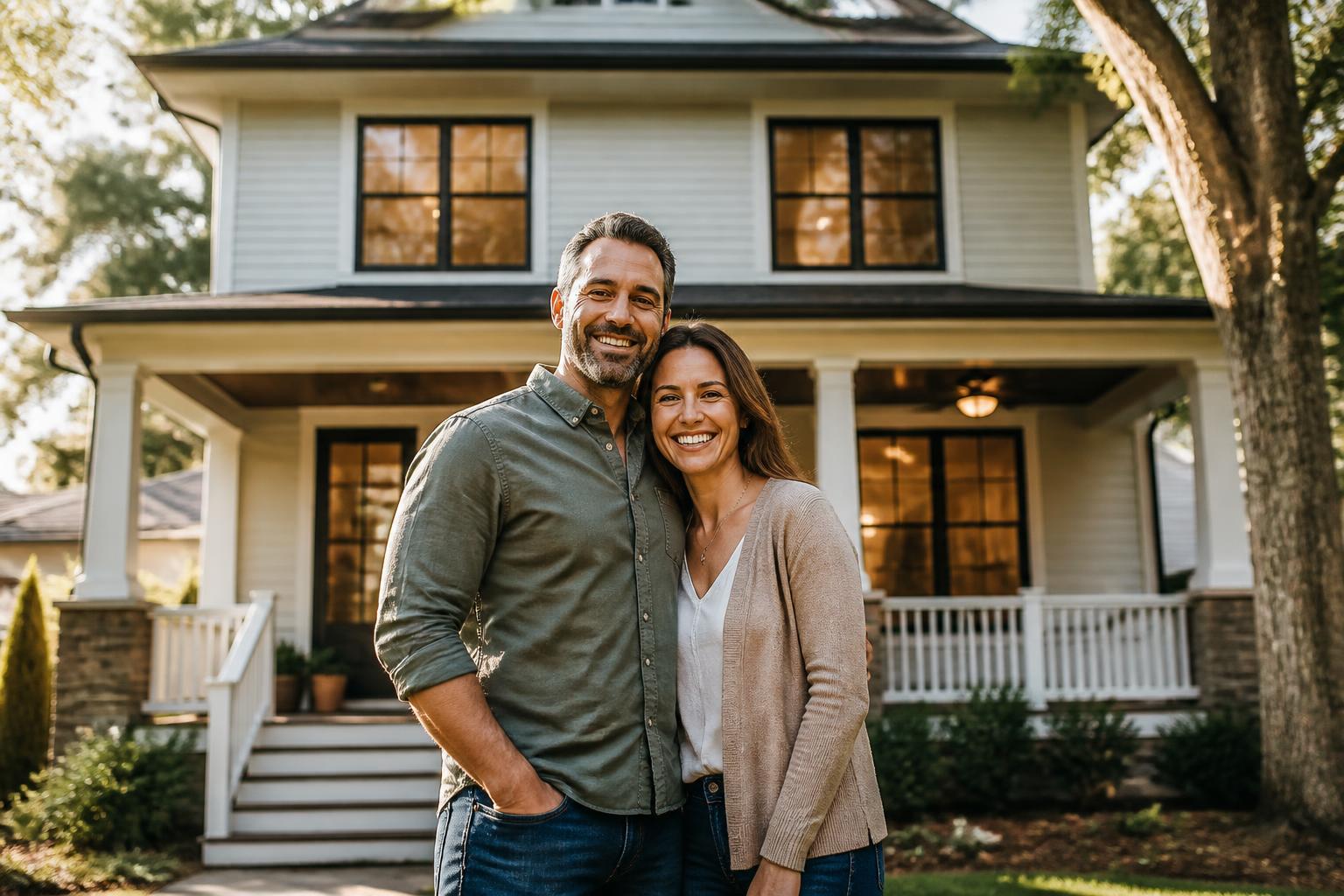 Happy homeowners standing in front of their restored home